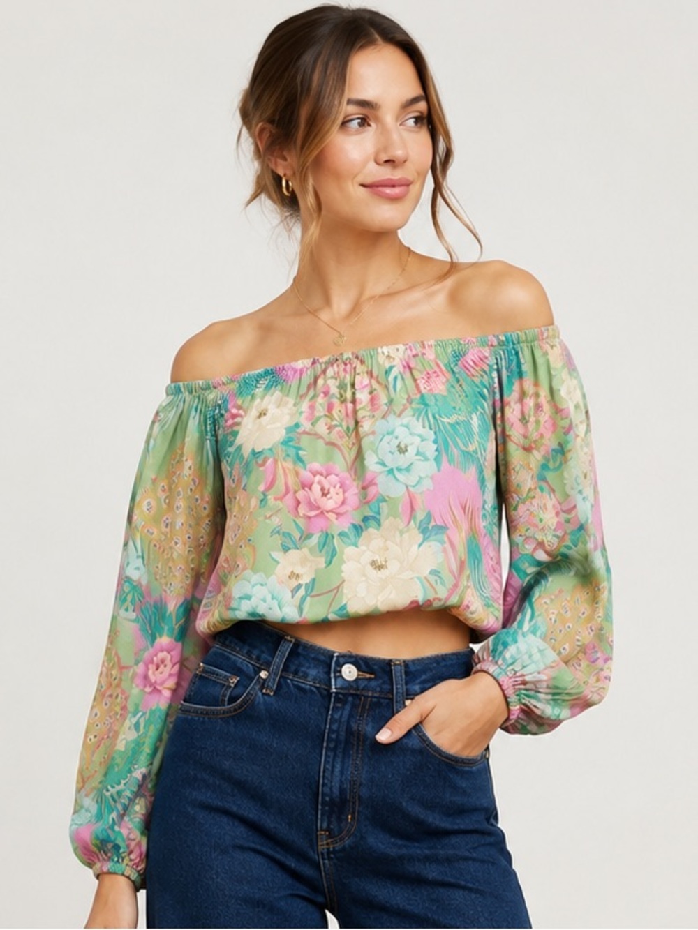Spell & The Gypsy Collective Peacock Floral Off Shoulder Crop Top Medium